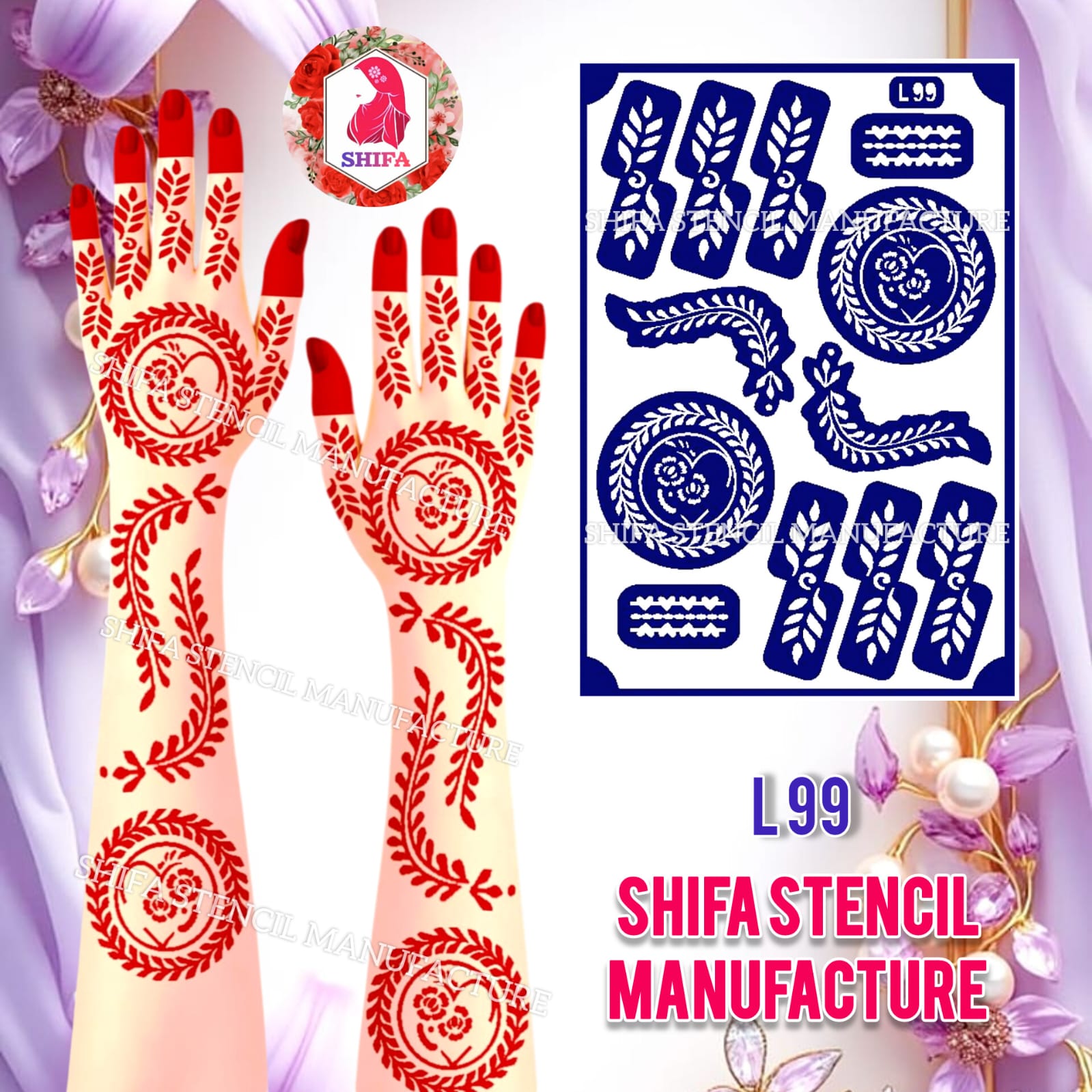 L 99 Romantic Laurel Sticker overview Henna Stencil - Shifa Stencil